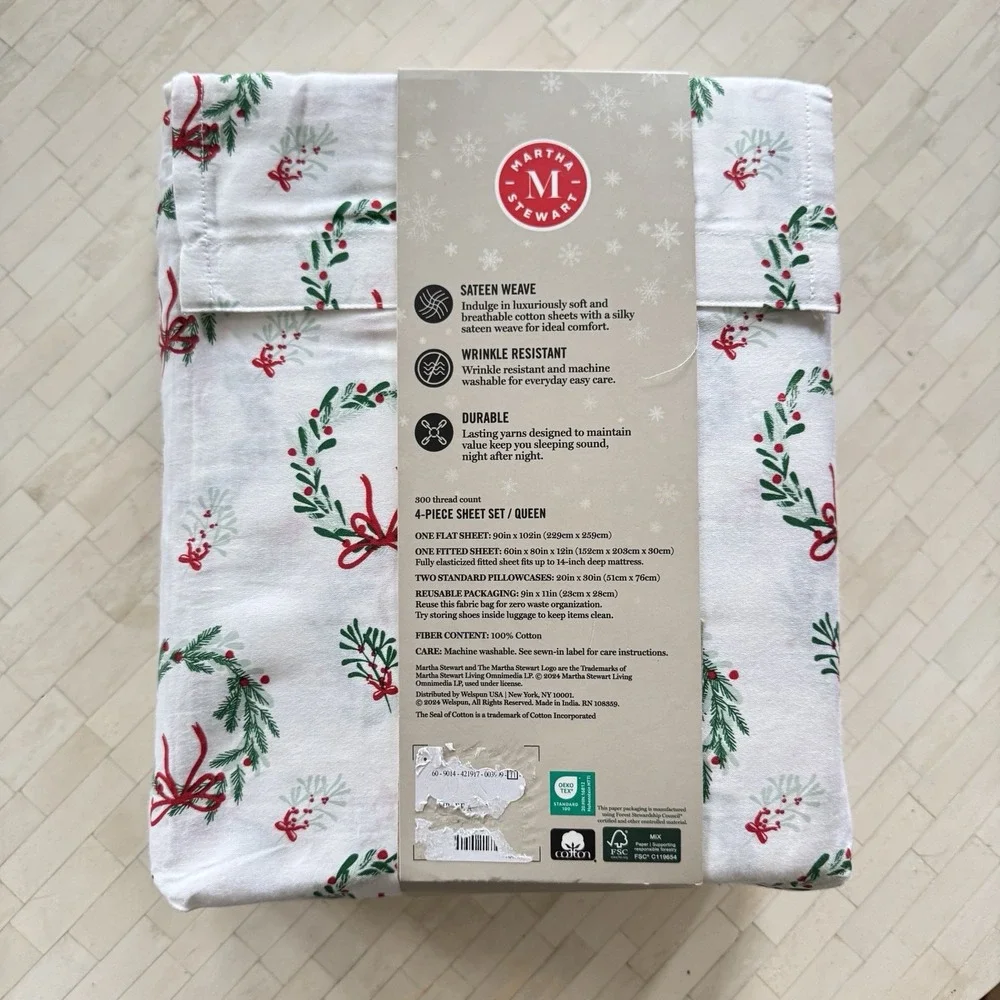 New Martha Stewart Holiday Collection Christmas Wreath QUEEN Sheet Set Cotton